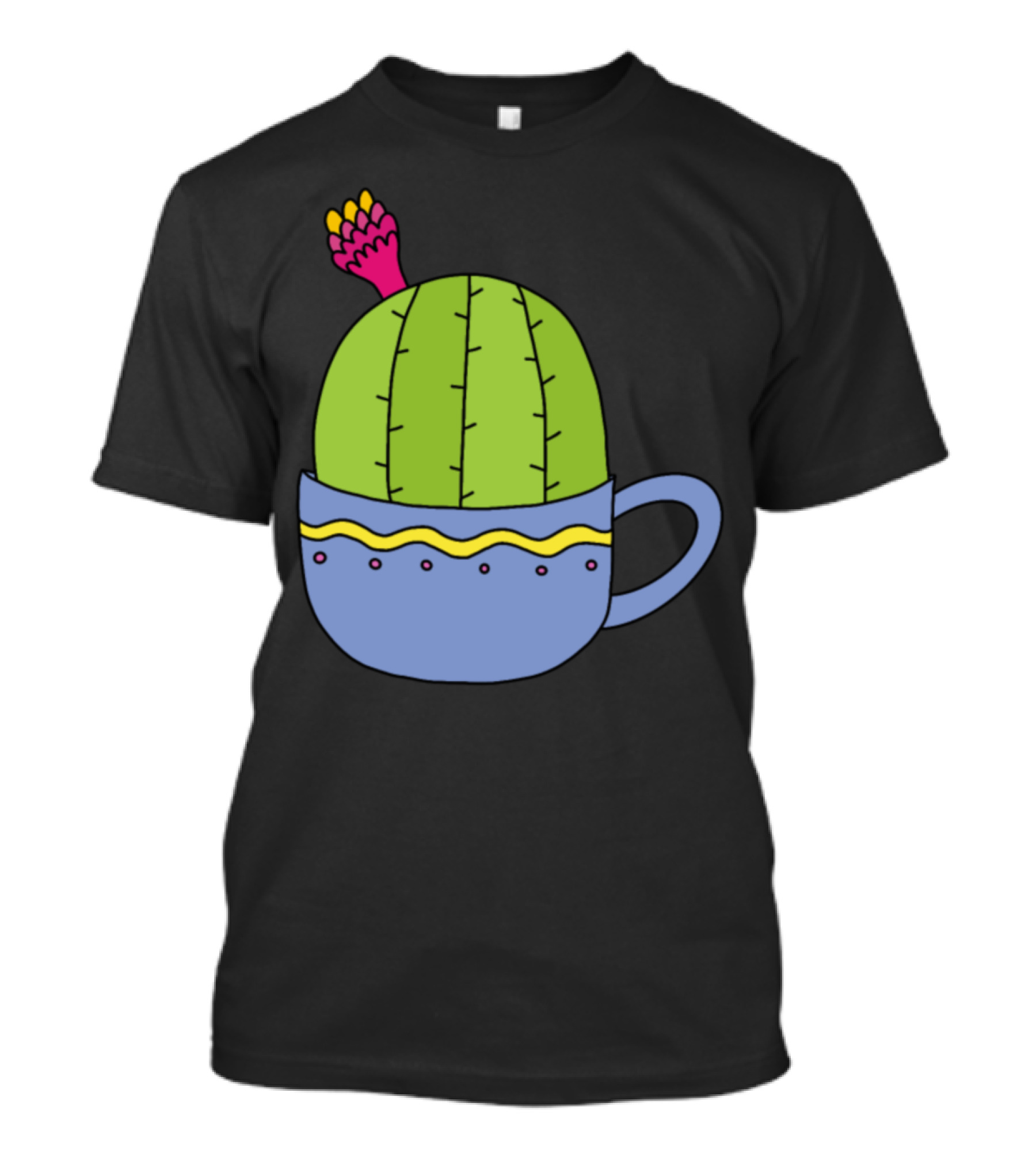 Mini Cactus With Pink And Yellow Flower In Decorative Blue Cup T-Shirt