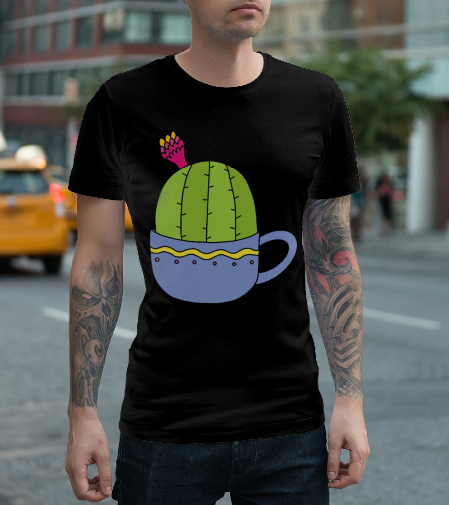 Mini Cactus With Pink And Yellow Flower In Decorative Blue Cup T-Shirt