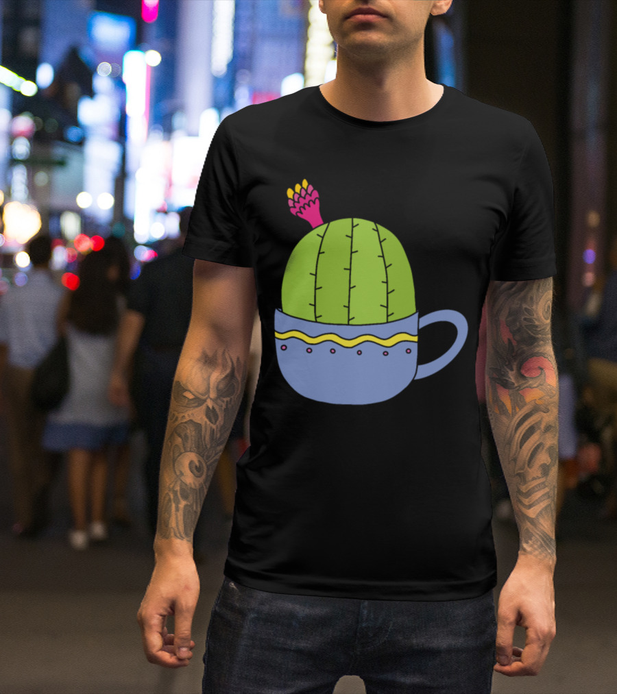 Mini Cactus With Pink And Yellow Flower In Decorative Blue Cup T-Shirt