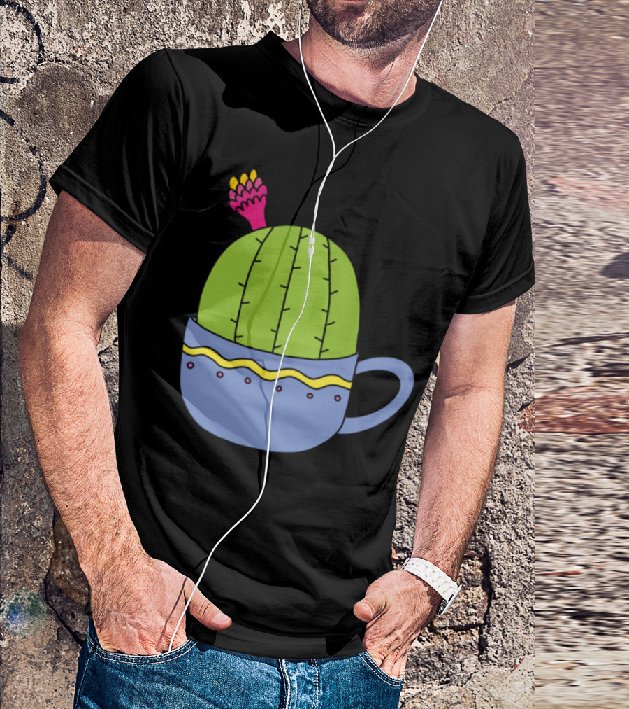 Mini Cactus With Pink And Yellow Flower In Decorative Blue Cup T-Shirt