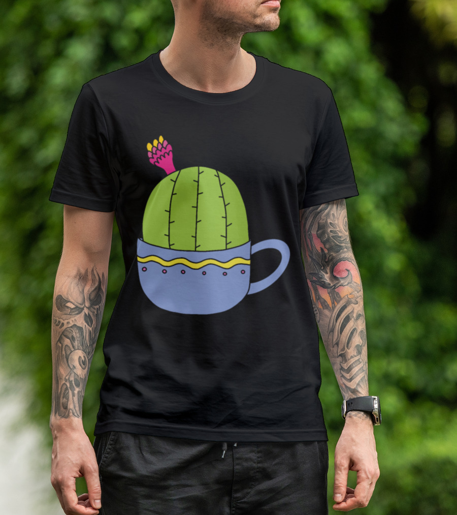 Mini Cactus With Pink And Yellow Flower In Decorative Blue Cup T-Shirt