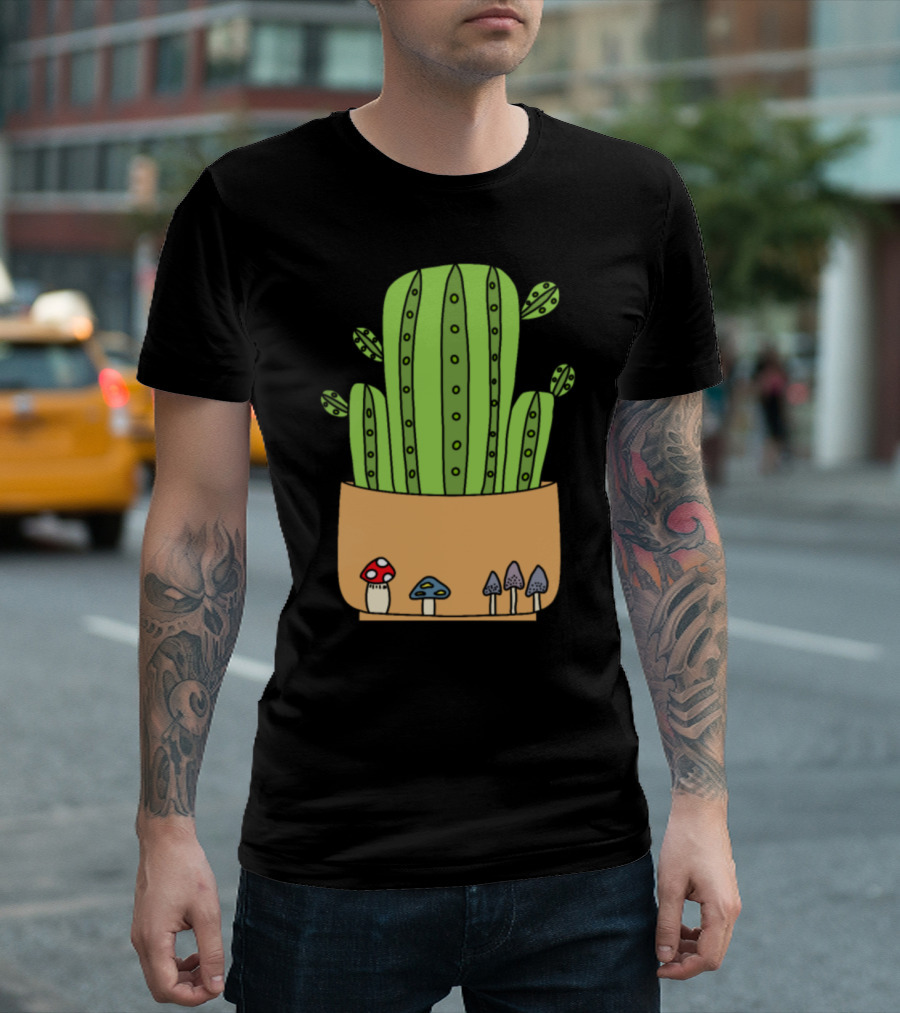 Mushroom For Cacti Potted Green Cactus with Colorful Mushrooms T-Shirt
