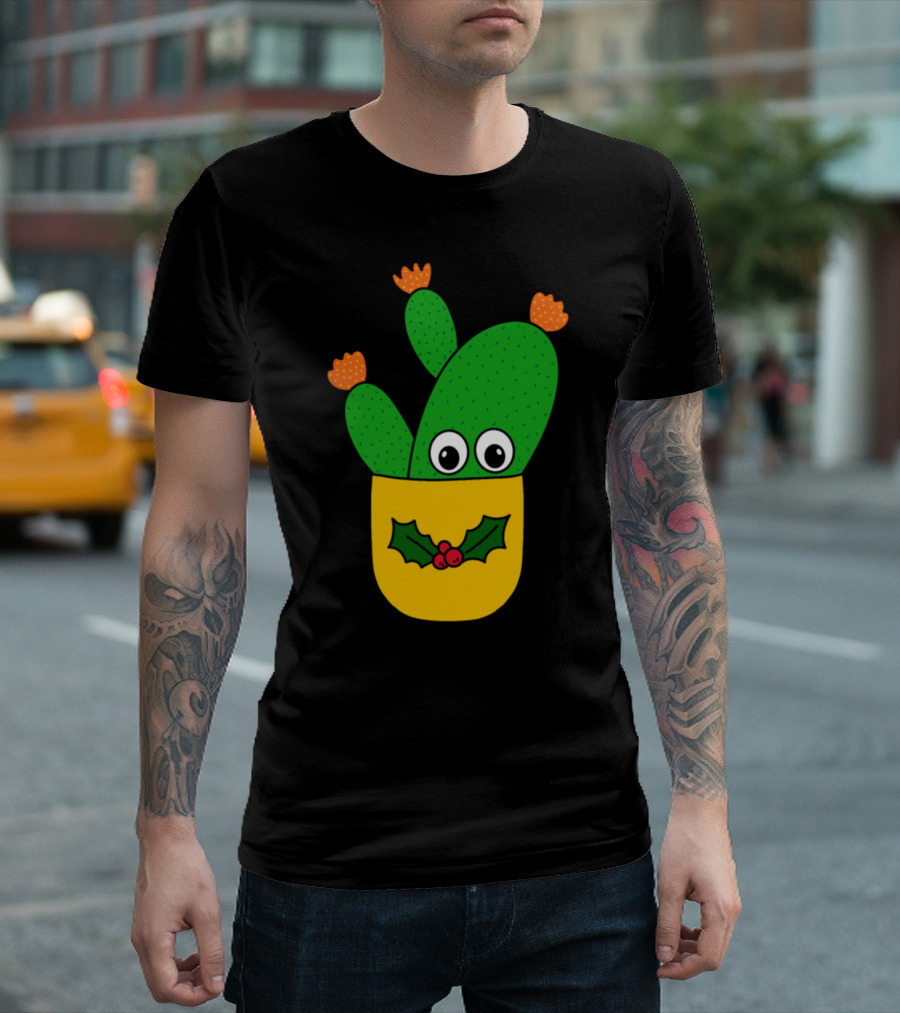 Opuntia Microdasys Cactus with Christmas Holly in Pot T-Shirt
