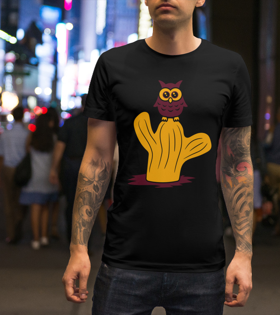 Owl Bird Cartoon On Cactus Sweet Comic T-Shirt