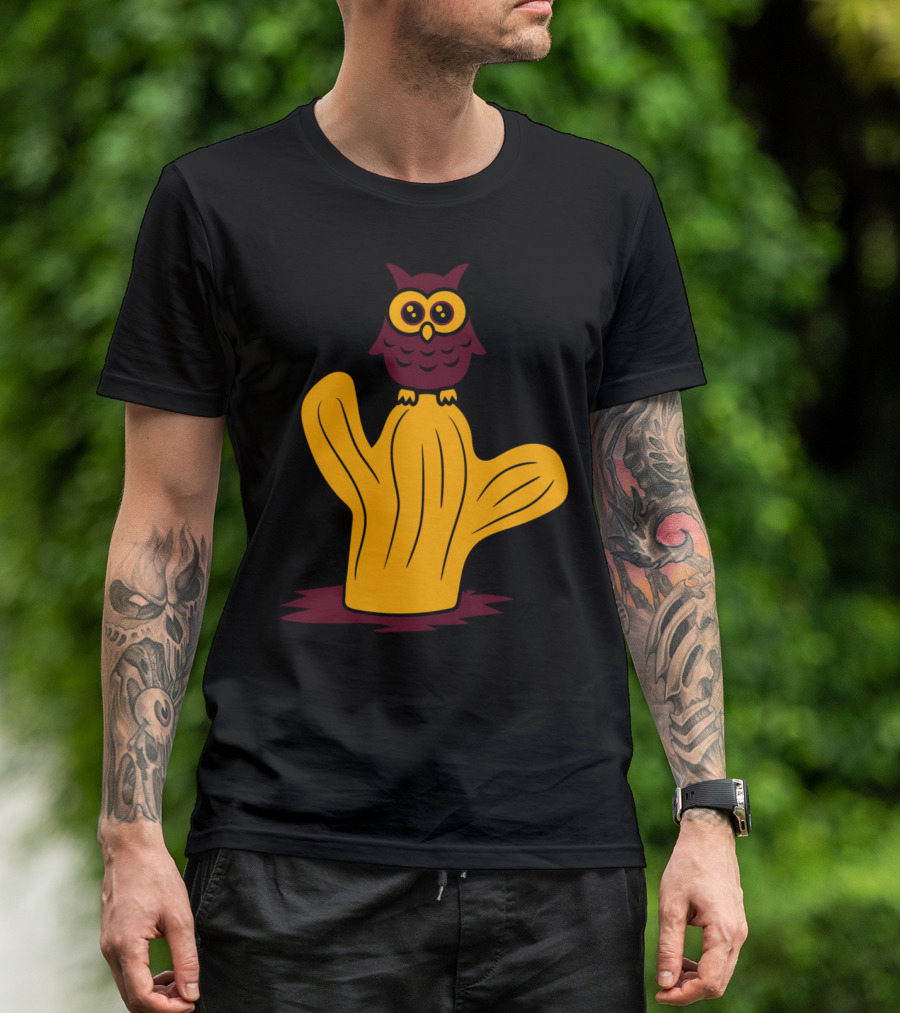 Owl Bird Cartoon On Cactus Sweet Comic T-Shirt