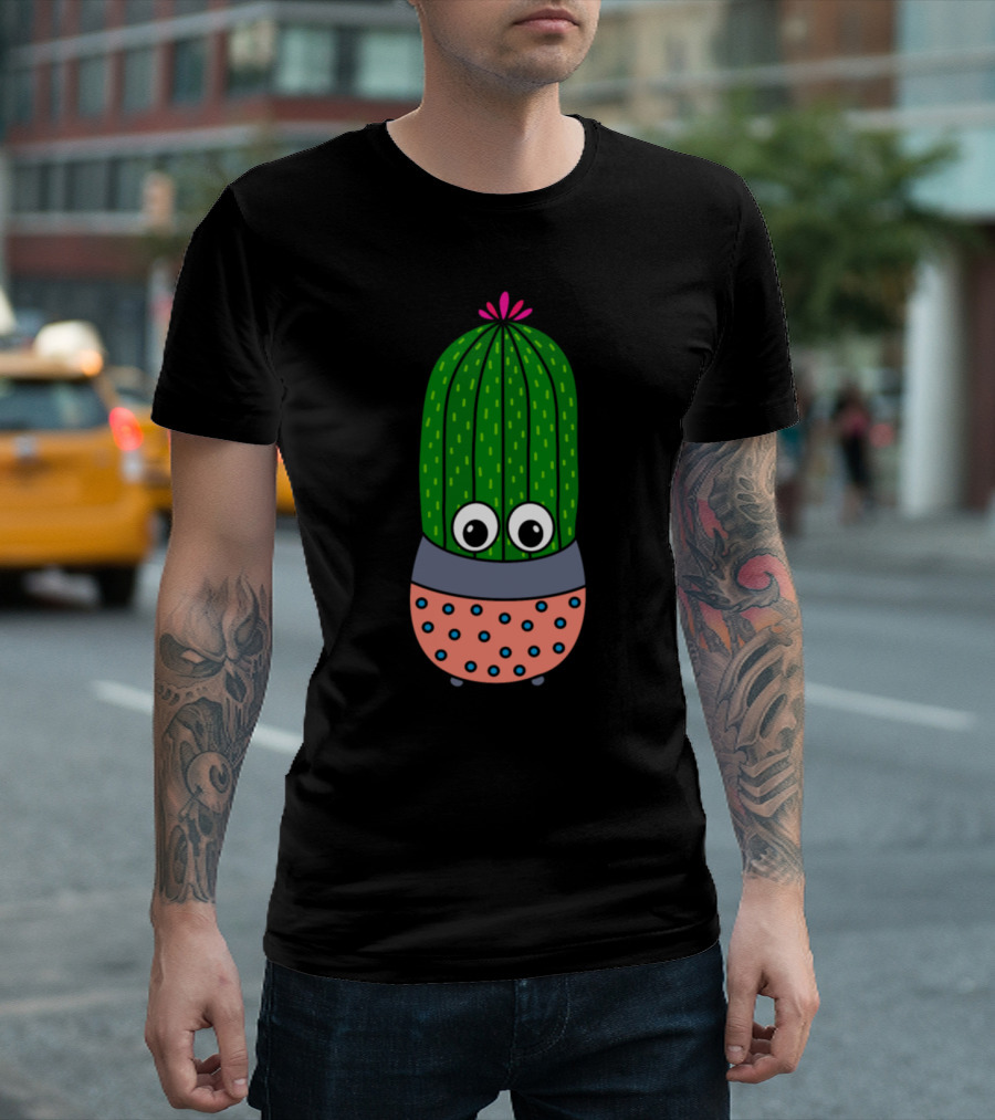 Potted Saguaro Cactus Cute Flower Pink Dotted Planter Cute Eyes T-Shirt