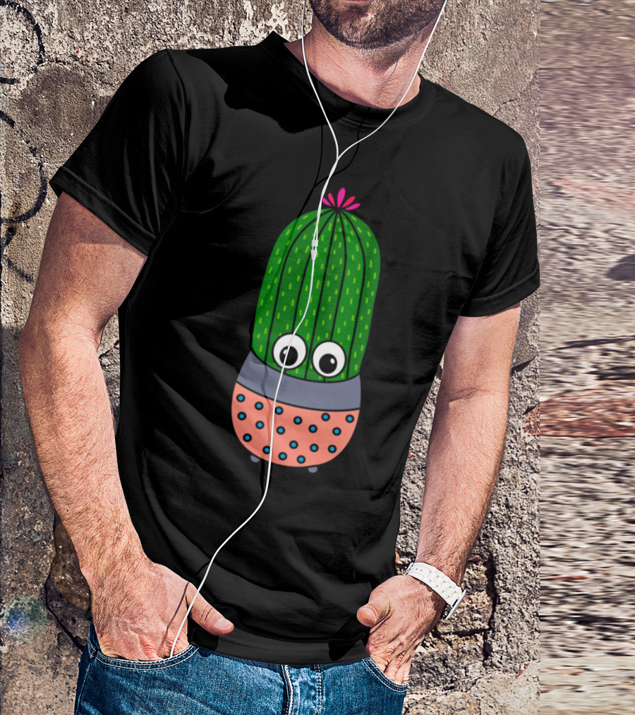 Potted Saguaro Cactus Cute Flower Pink Dotted Planter Cute Eyes T-Shirt