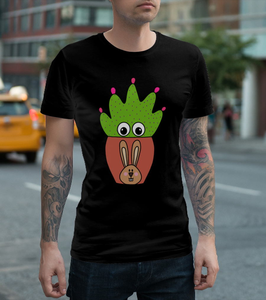 Pretty Cactus With Big Eyes In Cute Bunny Face Pot T-Shirt