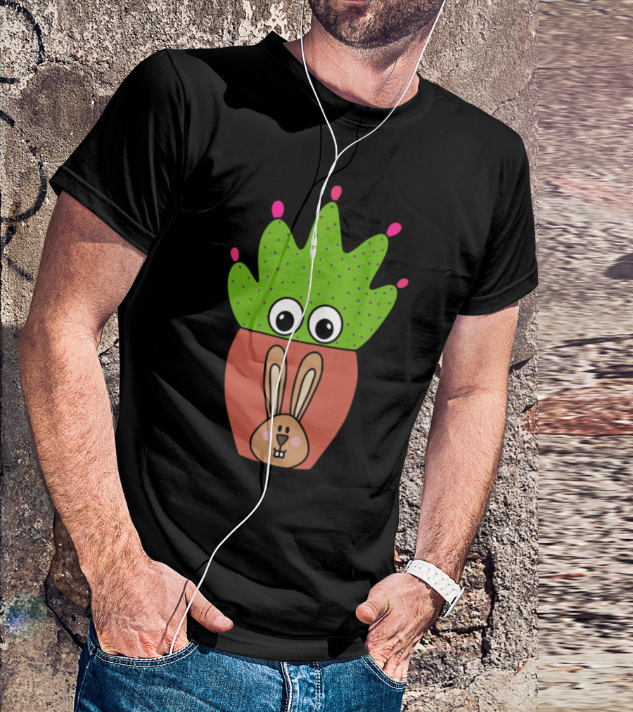 Pretty Cactus With Big Eyes In Cute Bunny Face Pot T-Shirt