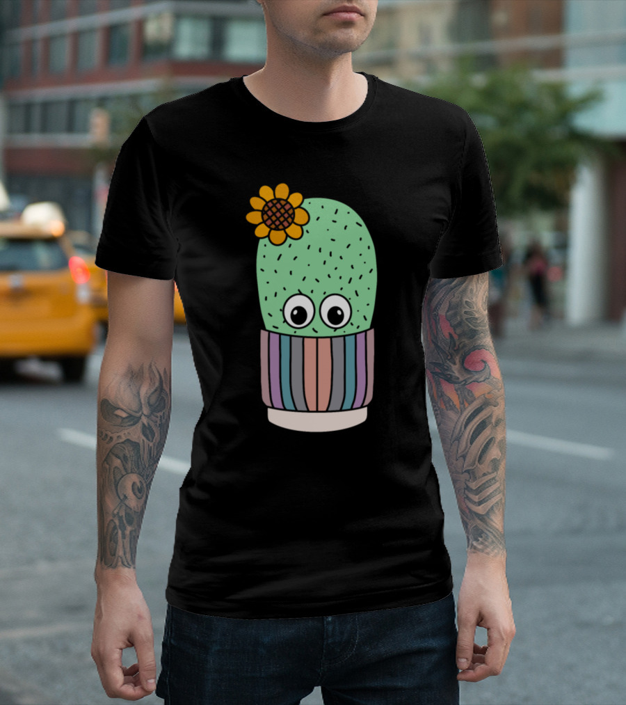 Cute Cactus With Flower In Colorful Striped Pot T-Shirt
