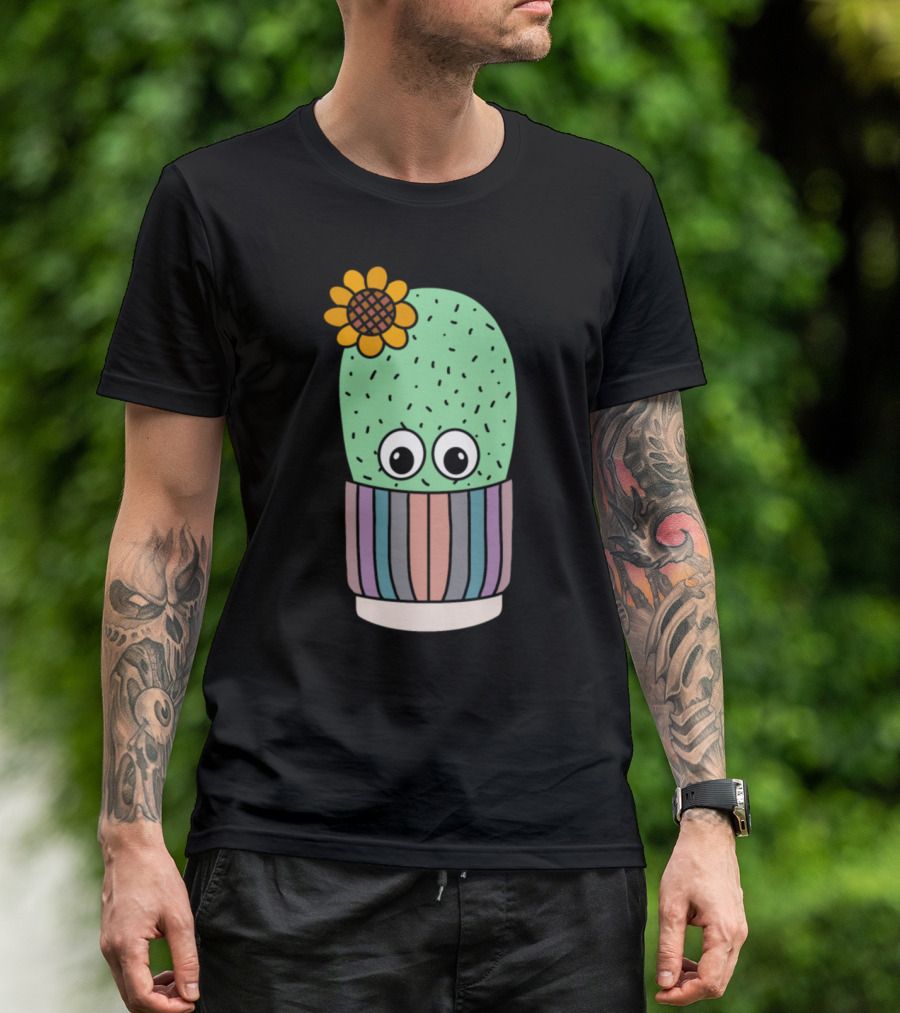 Cute Cactus With Flower In Colorful Striped Pot T-Shirt