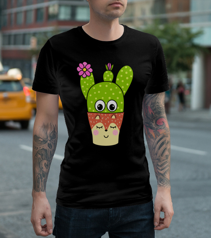 Pretty Cactus with Flower in Cute Fox Face Pot T-Shirt