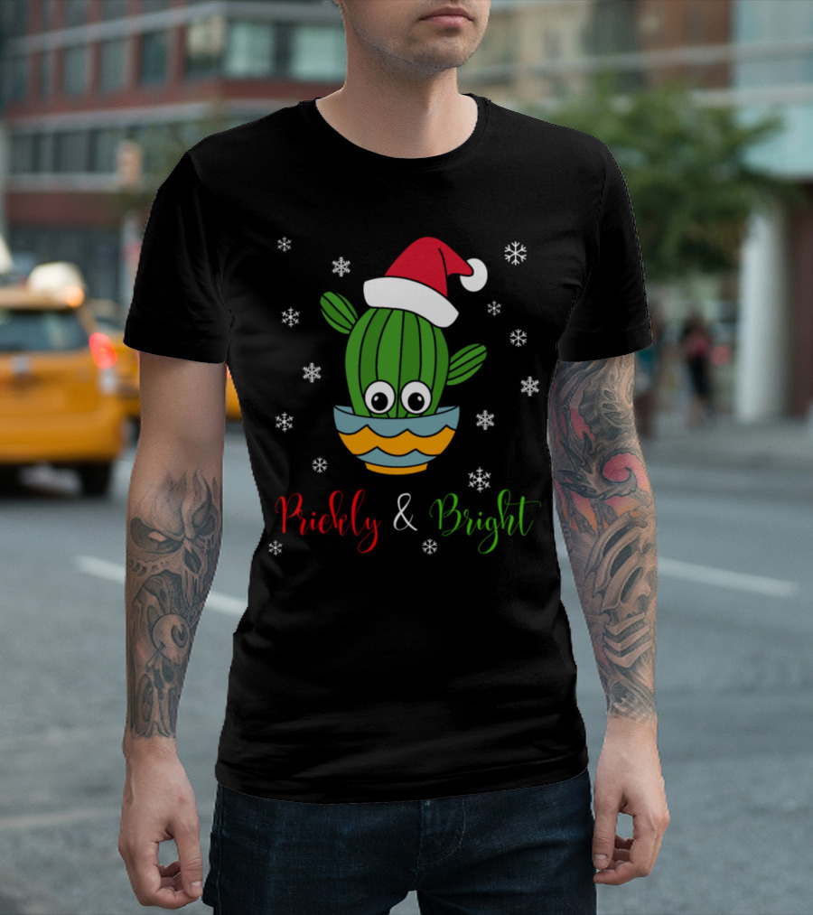 Prickly And Bright Cactus With A Santa Hat In Snowflakes T-Shirt