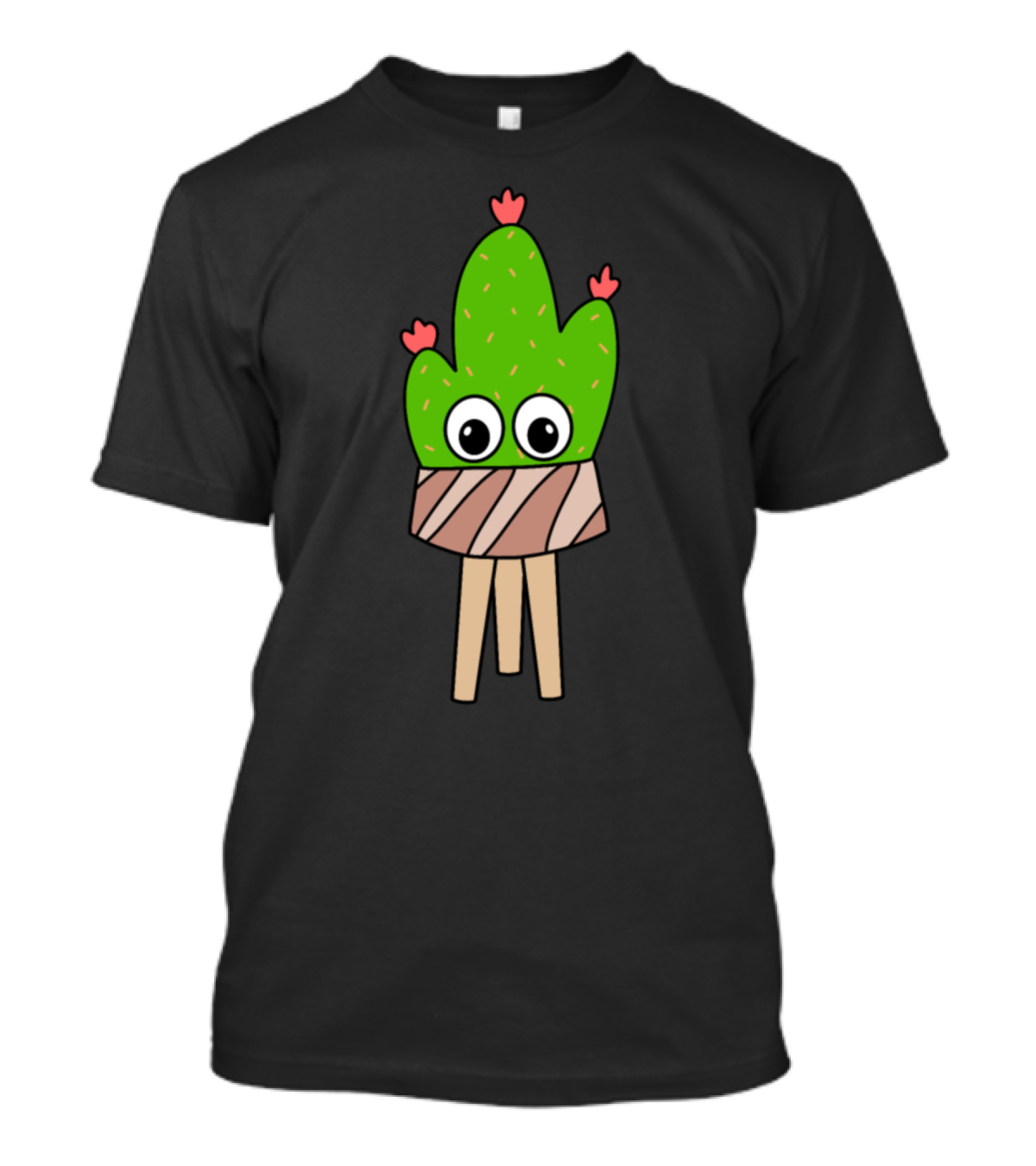 Prickly Pear Cactus With Cartoon Eyes And Flowers In Wood Planter T-Shirt