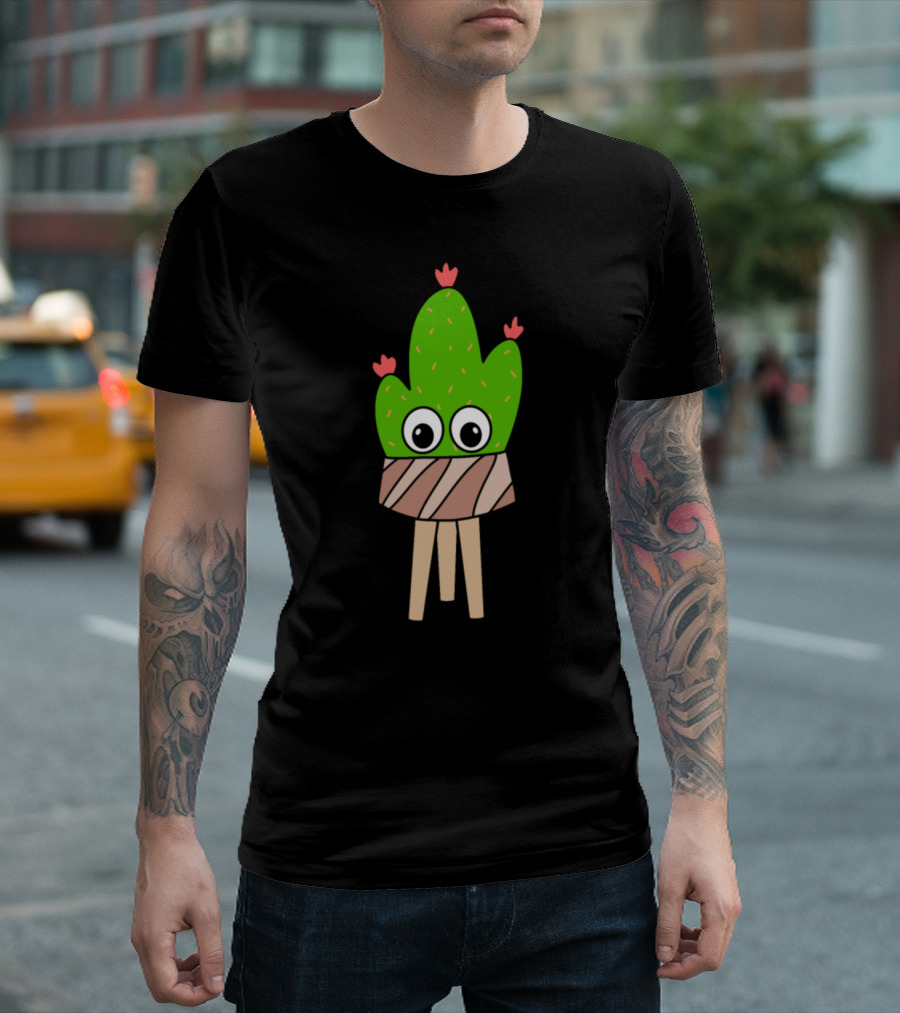 Prickly Pear Cactus With Cartoon Eyes And Flowers In Wood Planter T-Shirt
