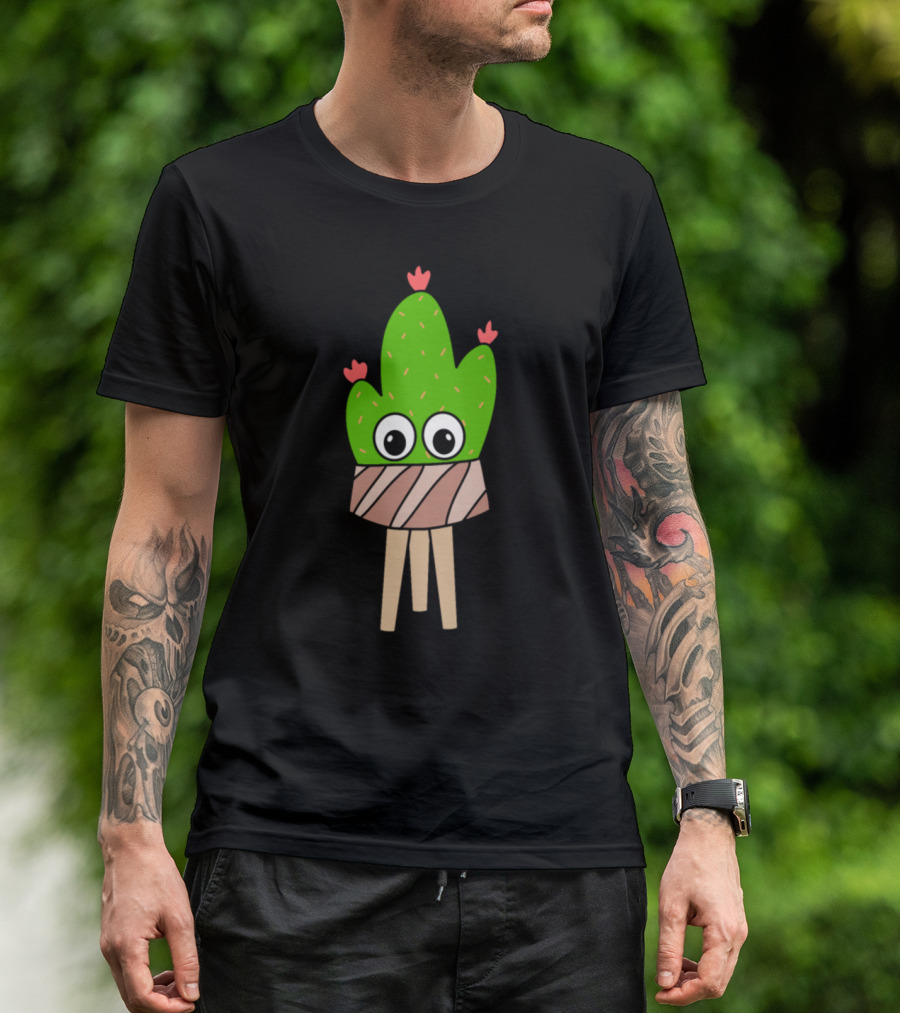 Prickly Pear Cactus With Cartoon Eyes And Flowers In Wood Planter T-Shirt