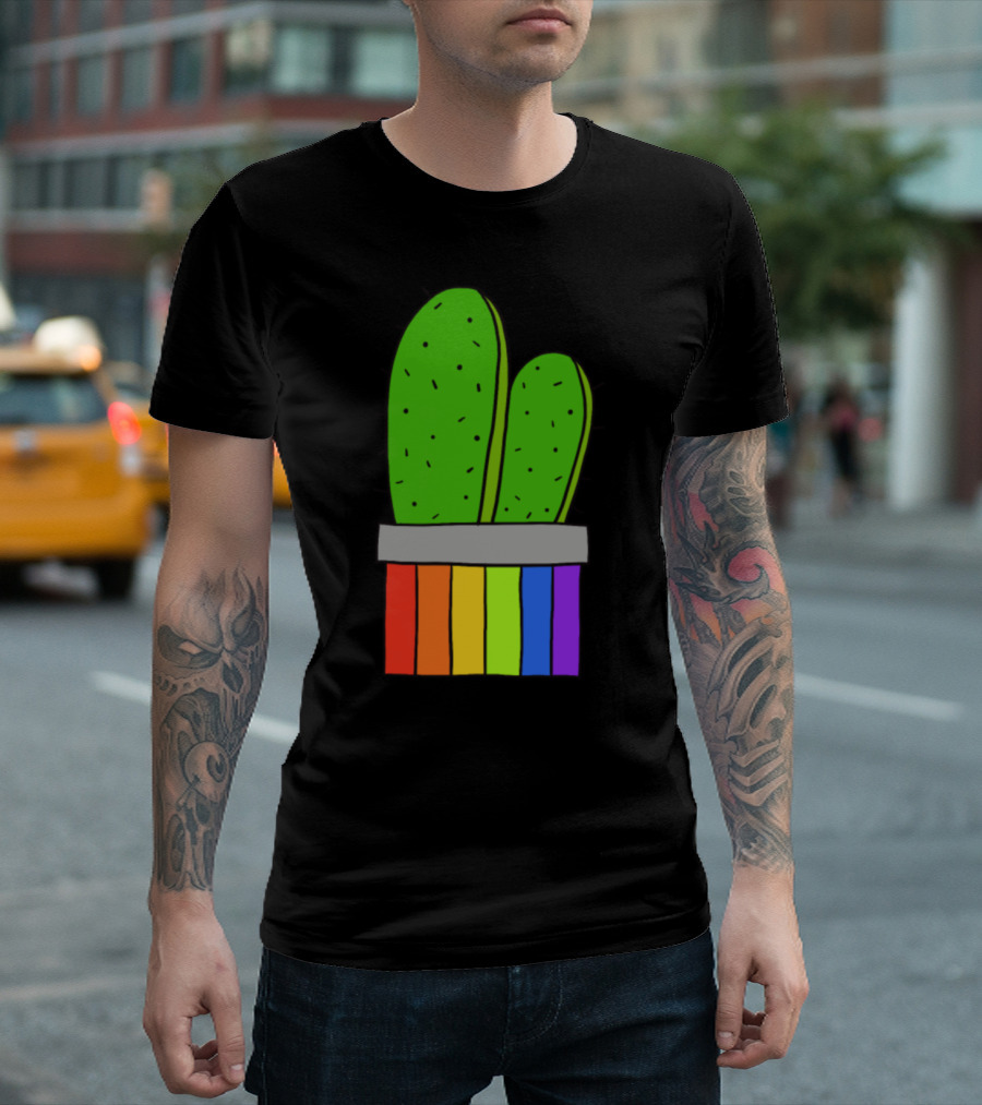 Rainbow Pot Cacti Green Illustration with Colorful Stripes T-Shirt