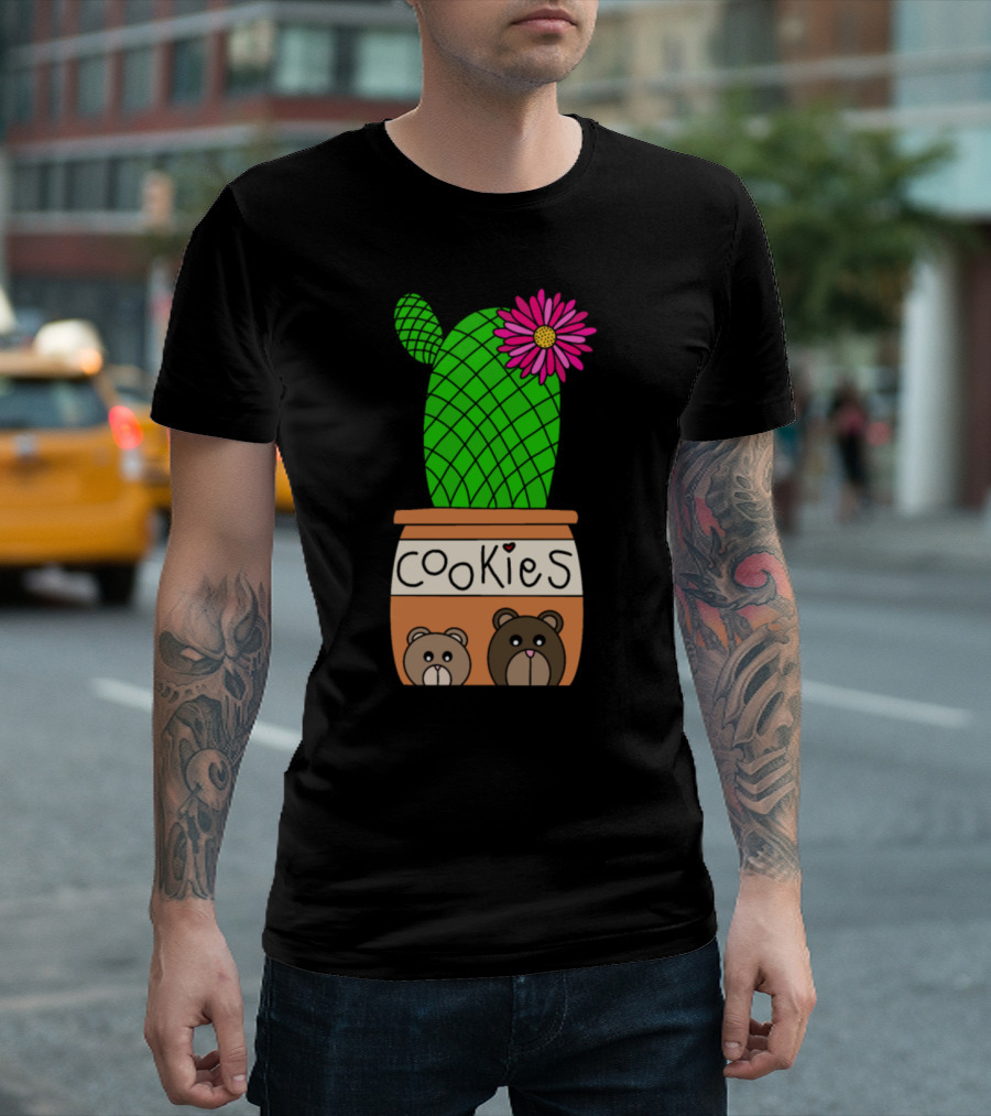 Rainbow Pincushion Cactus Bloom in Cookies Pot with Bear Faces T-Shirt