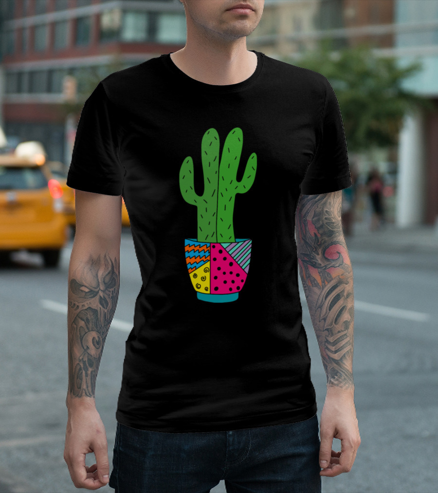 Saguaro Cacti In Funky Multi-Patterned Pot T-Shirt