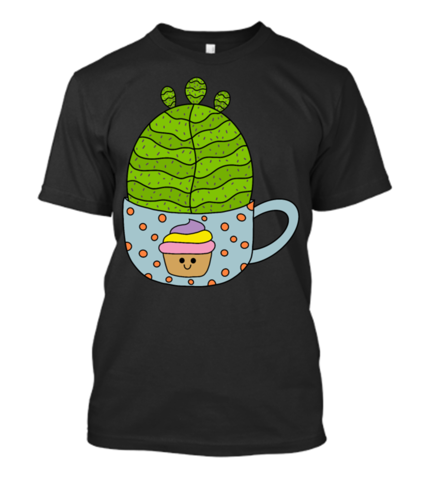 Small Barrel Cactus In Cute Cupcake Mug With Smiling Cupcake Decor T-Shirt