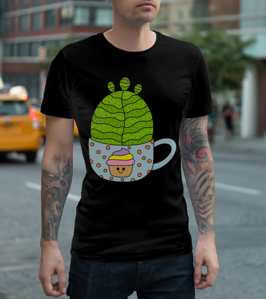 Small Barrel Cactus In Cute Cupcake Mug With Smiling Cupcake Decor T-Shirt