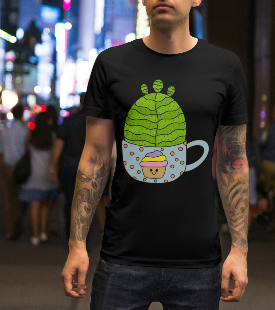 Small Barrel Cactus In Cute Cupcake Mug With Smiling Cupcake Decor T-Shirt