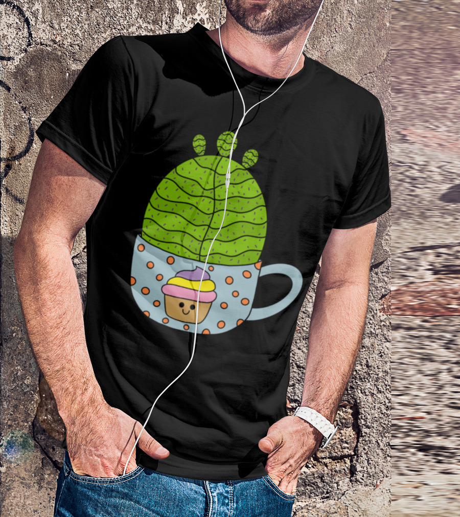 Small Barrel Cactus In Cute Cupcake Mug With Smiling Cupcake Decor T-Shirt