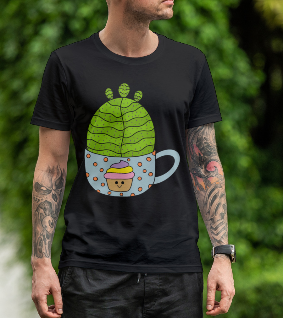 Small Barrel Cactus In Cute Cupcake Mug With Smiling Cupcake Decor T-Shirt