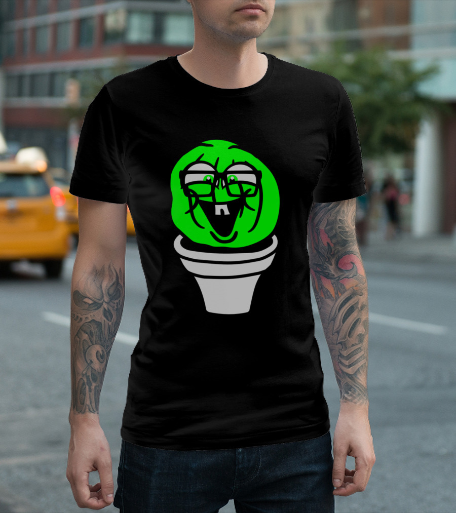 Small Round Green Cute Nerdy Geek Cactus With Glasses In A Pot T-Shirt
