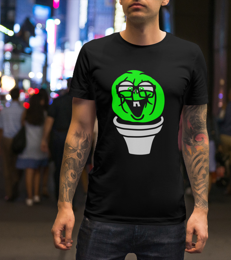 Small Round Green Cute Nerdy Geek Cactus With Glasses In A Pot T-Shirt