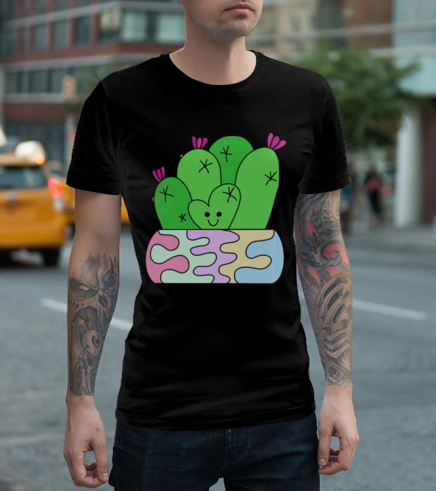 Smiling Heart Cactus in Colorful Planter T-Shirt