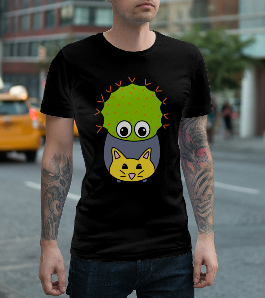 Spiky Cactus in Adorable Cat Planter with Big Eyes T-Shirt
