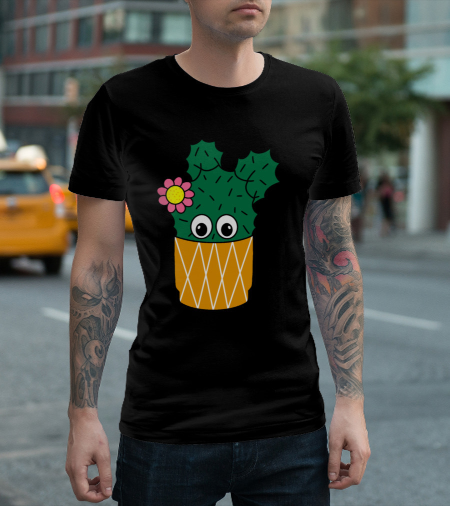 Spiky Cactus With Cute Flower Eyes in Patterned Pot T-Shirt