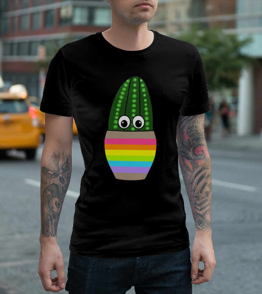 Tall Fuzzy Navel Cactus With Googly Eyes in Rainbow Jar T-Shirt