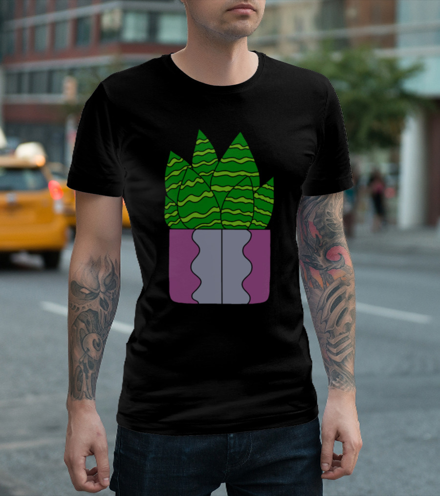 Tigerstripe Green Succulent Leaves In Purple Planter T-Shirt