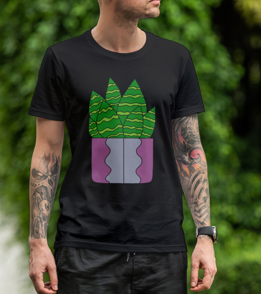 Tigerstripe Green Succulent Leaves In Purple Planter T-Shirt