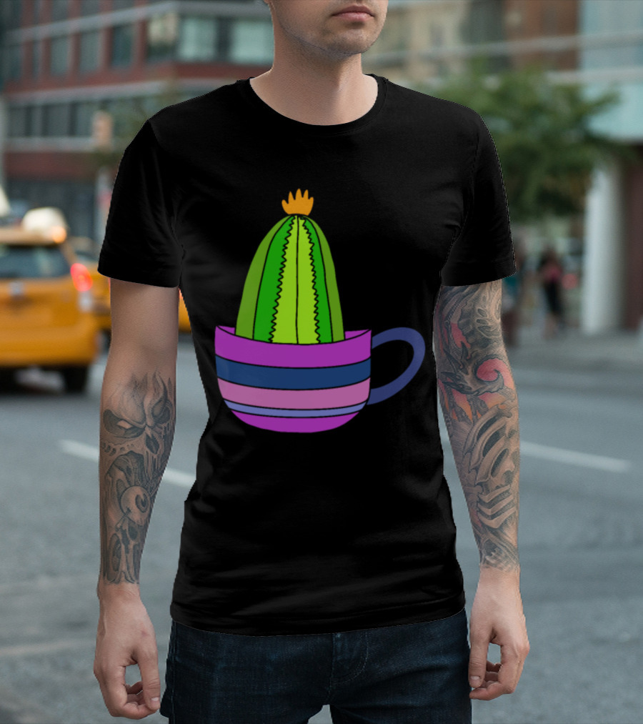 Striped Teacup With Tiny Cactus And Bright Yellow Flower Top T-Shirt