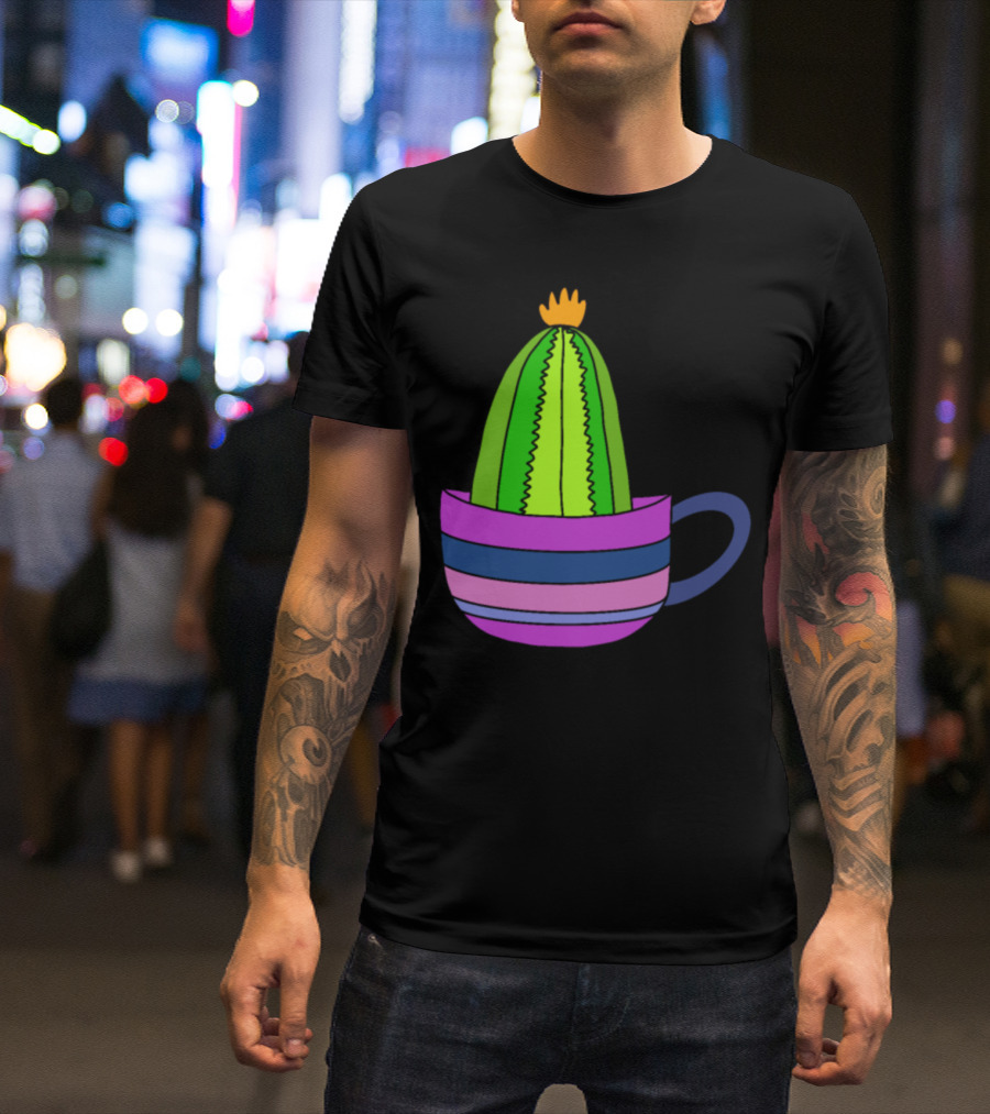 Striped Teacup With Tiny Cactus And Bright Yellow Flower Top T-Shirt