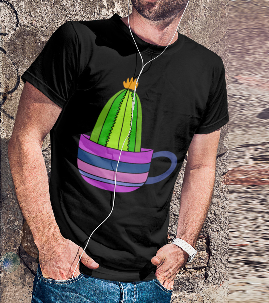 Striped Teacup With Tiny Cactus And Bright Yellow Flower Top T-Shirt