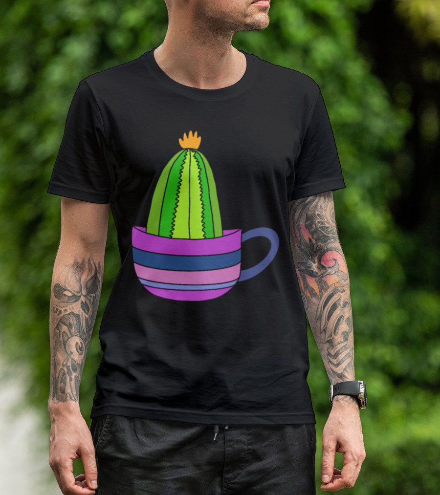 Striped Teacup With Tiny Cactus And Bright Yellow Flower Top T-Shirt
