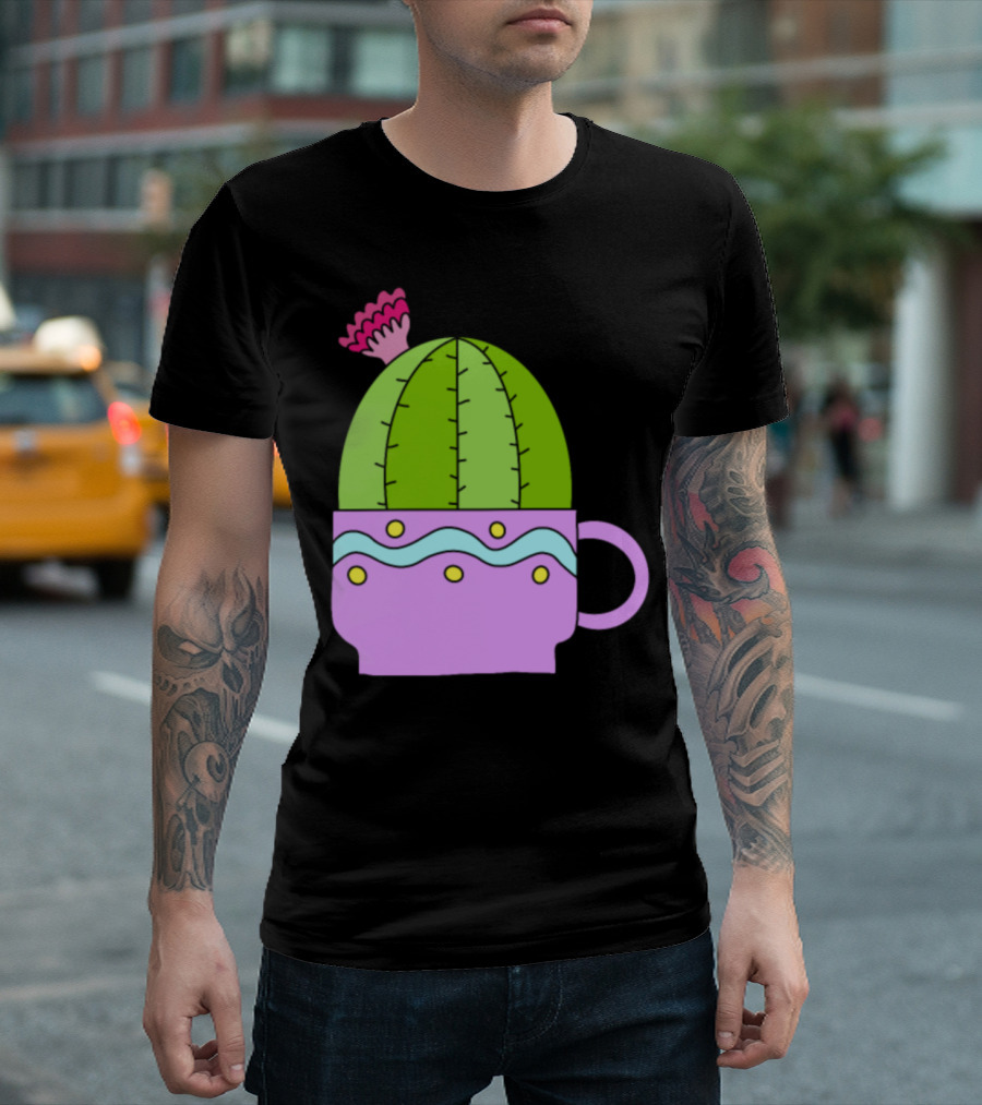 Tiny Teacup Cactus in Pastel Mug with Pink Flower T-Shirt