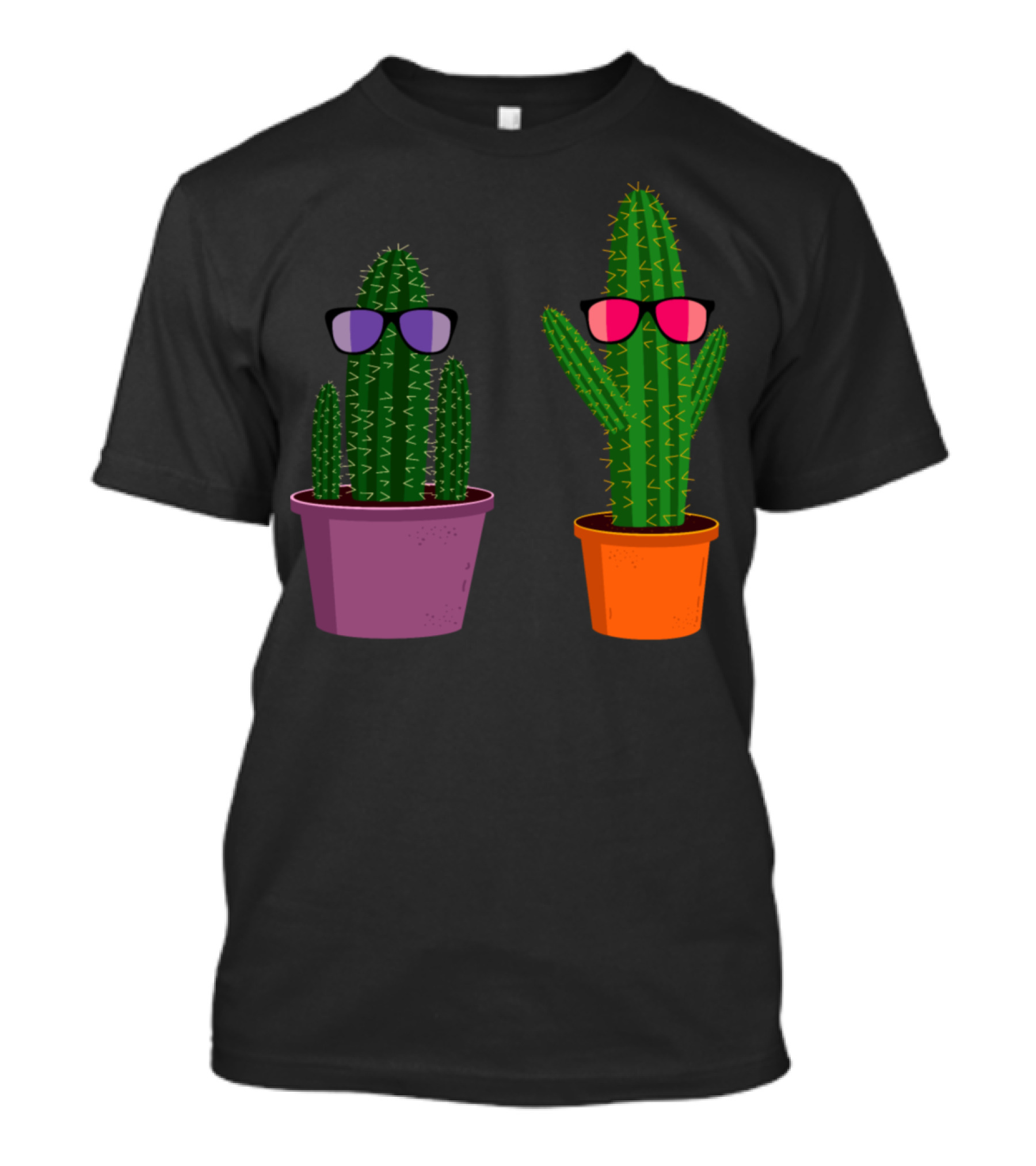 Two Funny Cartoon Cacti Wearing Colorful Sunglasses In Purple And Orange Pots T-Shirt