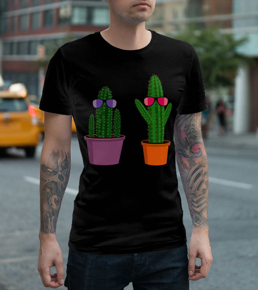 Two Funny Cartoon Cacti Wearing Colorful Sunglasses In Purple And Orange Pots T-Shirt