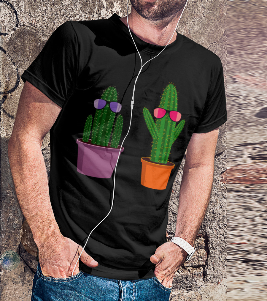 Two Funny Cartoon Cacti Wearing Colorful Sunglasses In Purple And Orange Pots T-Shirt