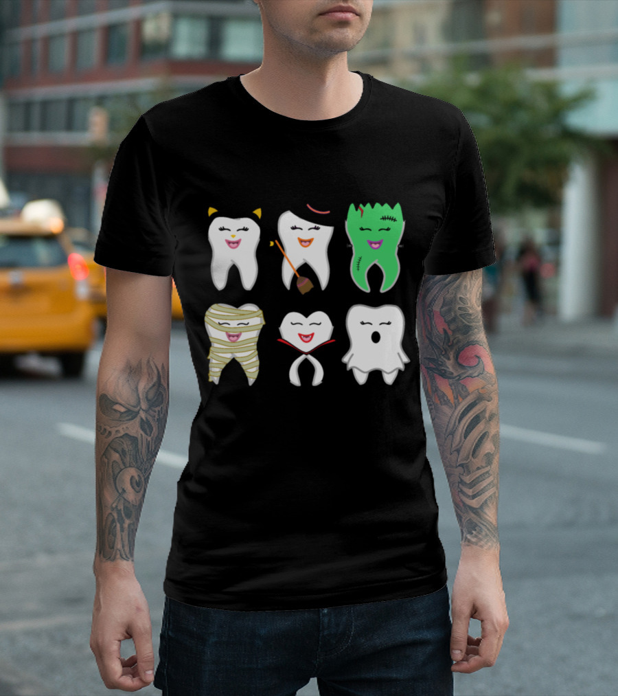 Halloween Tooth Cat Witch Frankenstein Mummy Vampire Ghost T-Shirt