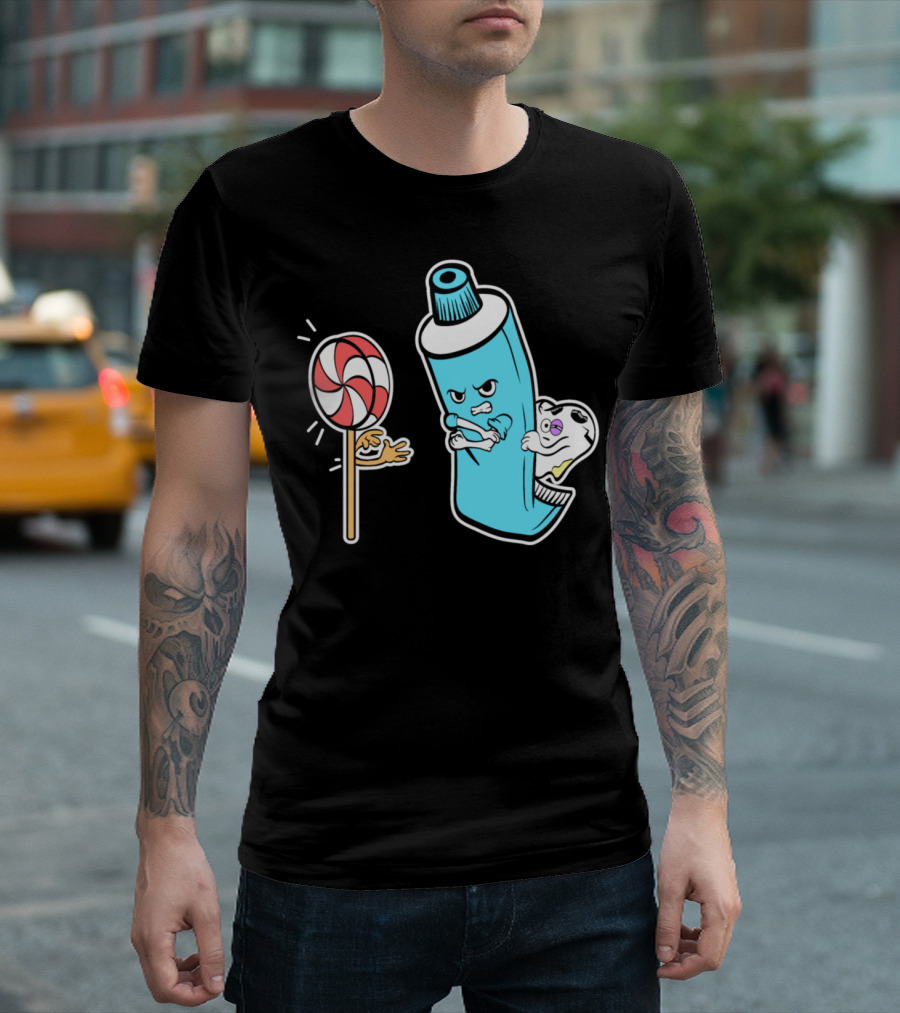 Toothpaste And Tooth Facing Off Against Lollipop In Nice Dentistry T-Shirt