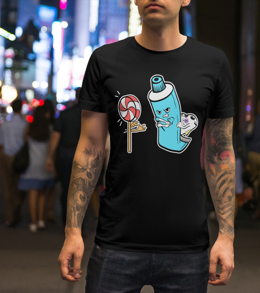 Toothpaste And Tooth Facing Off Against Lollipop In Nice Dentistry T-Shirt