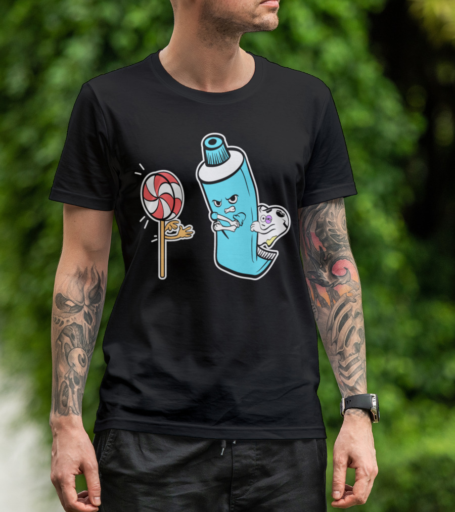 Toothpaste And Tooth Facing Off Against Lollipop In Nice Dentistry T-Shirt