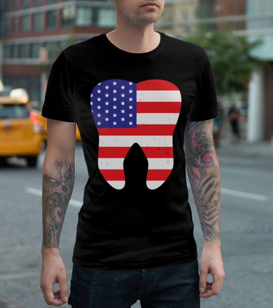 Patriotic USA Flag Tooth Dentist Dental T-Shirt