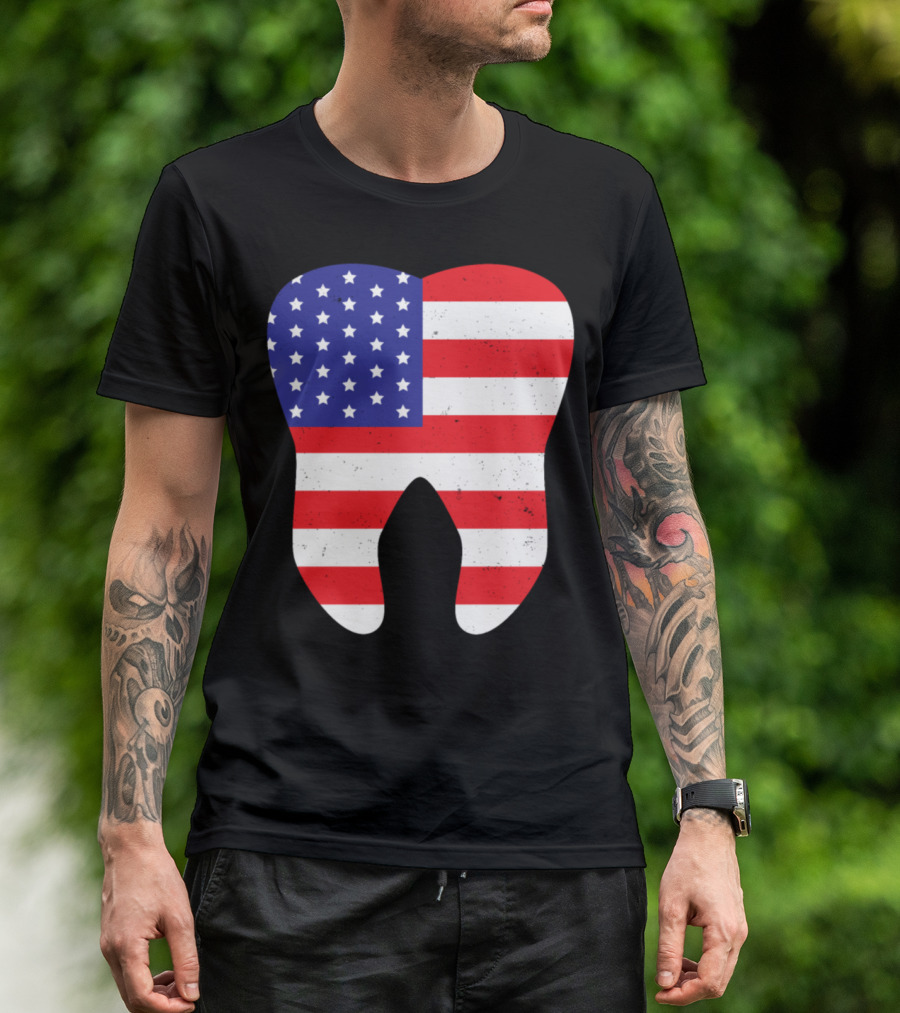 Patriotic USA Flag Tooth Dentist Dental T-Shirt